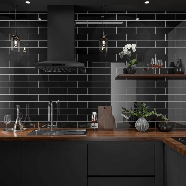 Bricks Black Gloss Ceramic Metro Wall Tiles 300x100x7mm