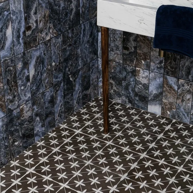 Poole Black Matt Patterned Floor Tiles 450x450