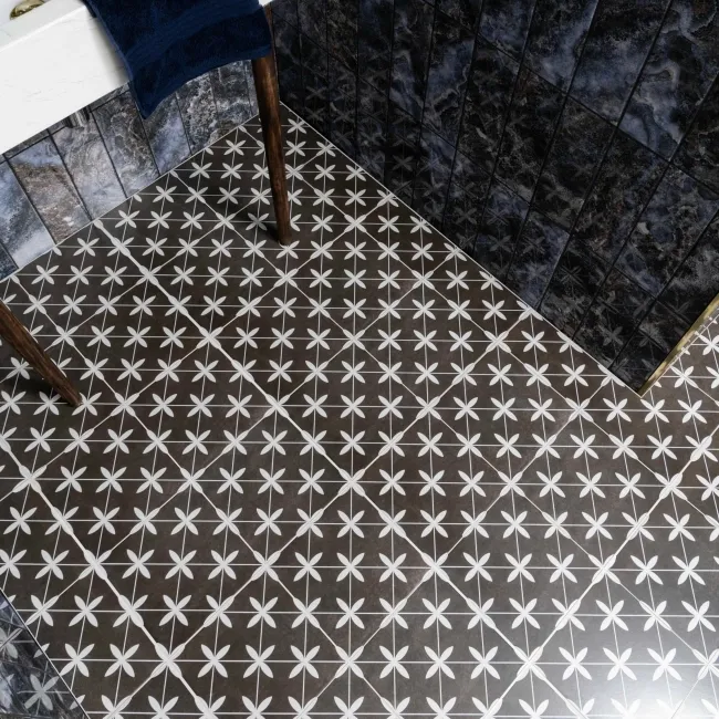 Poole Black Matt Patterned Floor Tiles 450x450