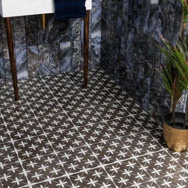 Poole Black Matt Patterned Floor Tiles 450x450
