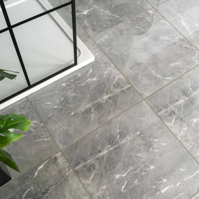 Makrana Breccia Grey Polished Marble Effect Tile 600x600